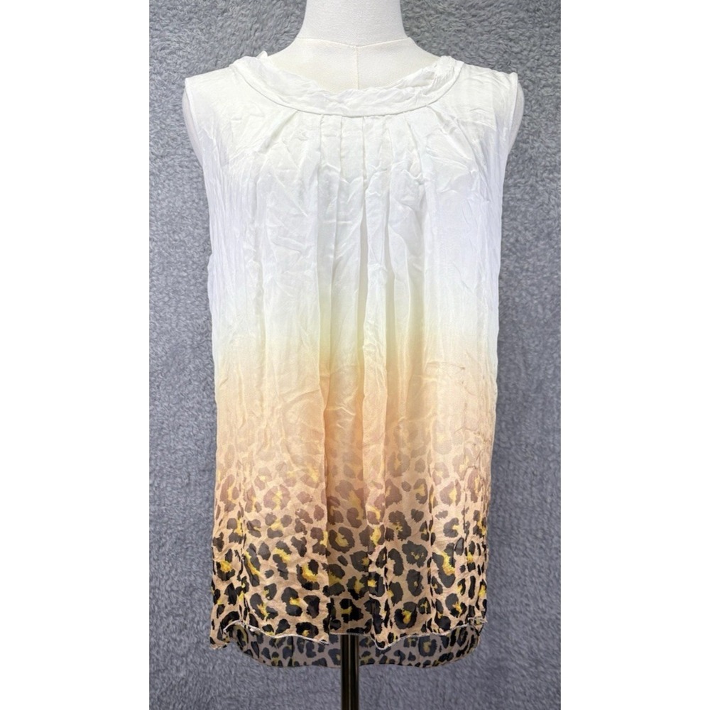 Le Marais Womens L Silk Ombre Leopard Print Blouse White Sleeveless Made Italy